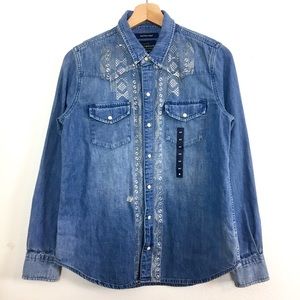 NEW Lucky Brand Distressed Denim Chevron Shirt S